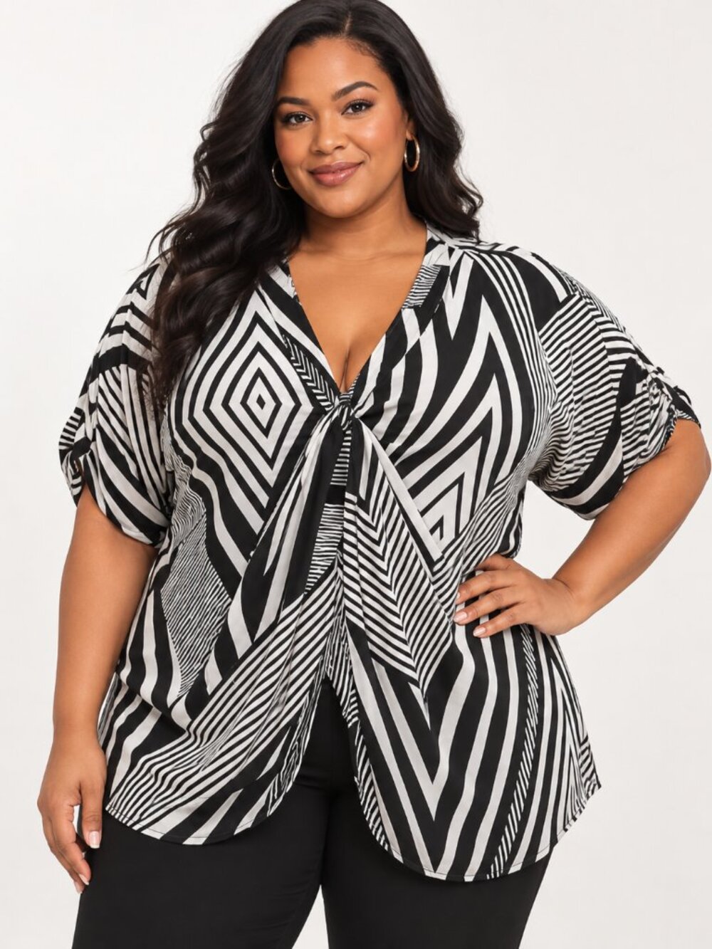 Worthington Black White Geometric Print V-Neck Tie Front Blouse Kimono Sleeve 3X